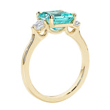 3 stone Asscher cut gemstone diamond ring in a classic Art Deco style.