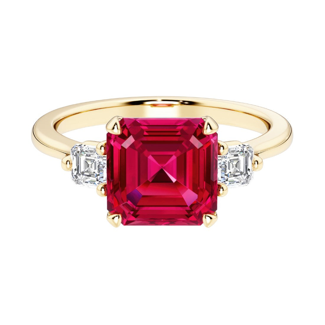 Asscher cut three stone engagement ring with geometric elegance.