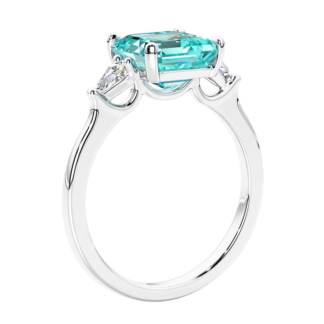 Asscher shaped ring in a timeless three stone ring set with diamond sides and paraiba tourmaline center.