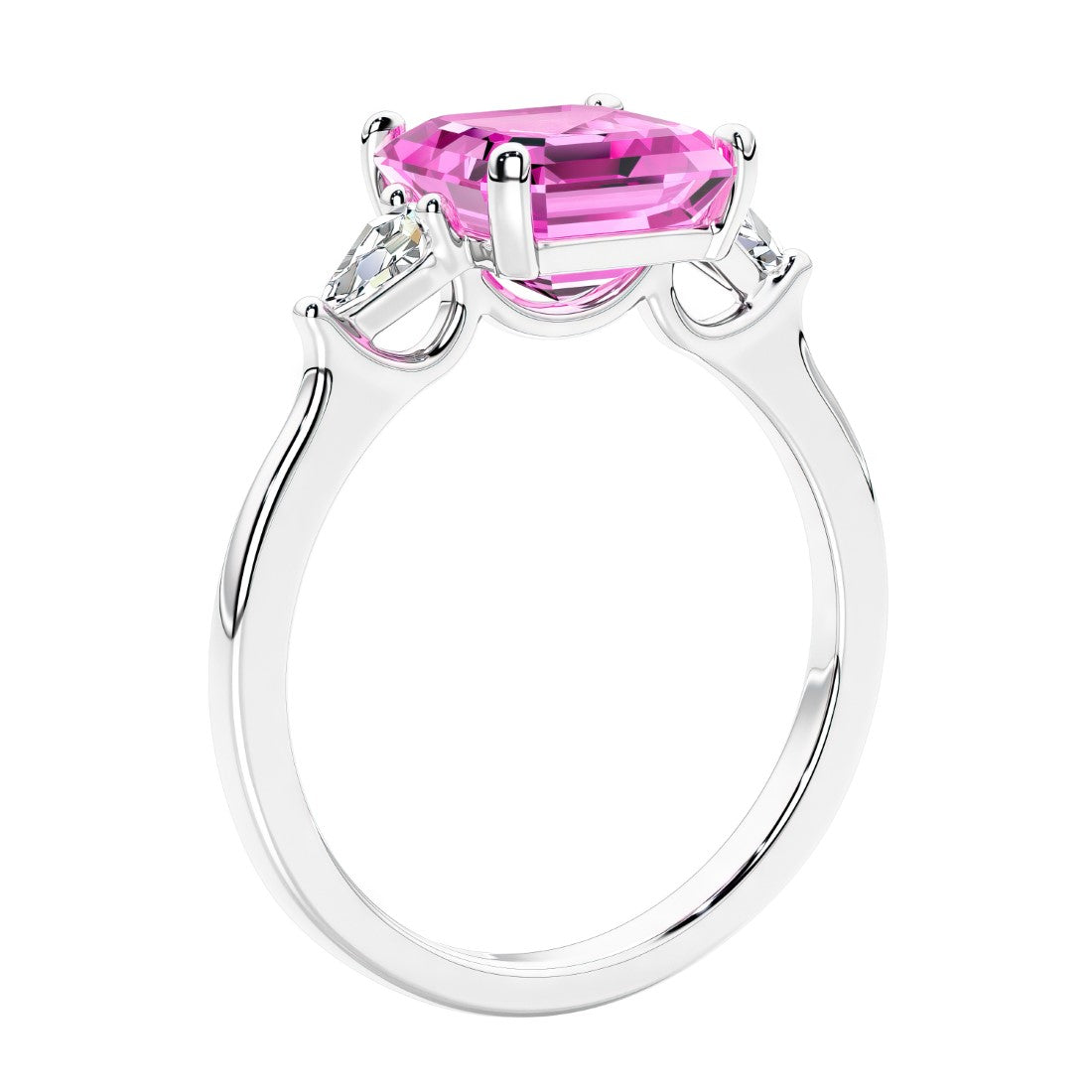 Asscher shaped ring in a timeless three stone ring set with diamond sides and pink sapphire center.