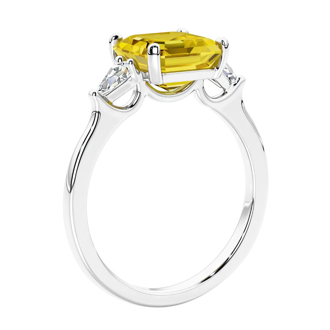 Asscher shaped ring in a timeless three stone ring set with diamond sides and yellow sapphire center.