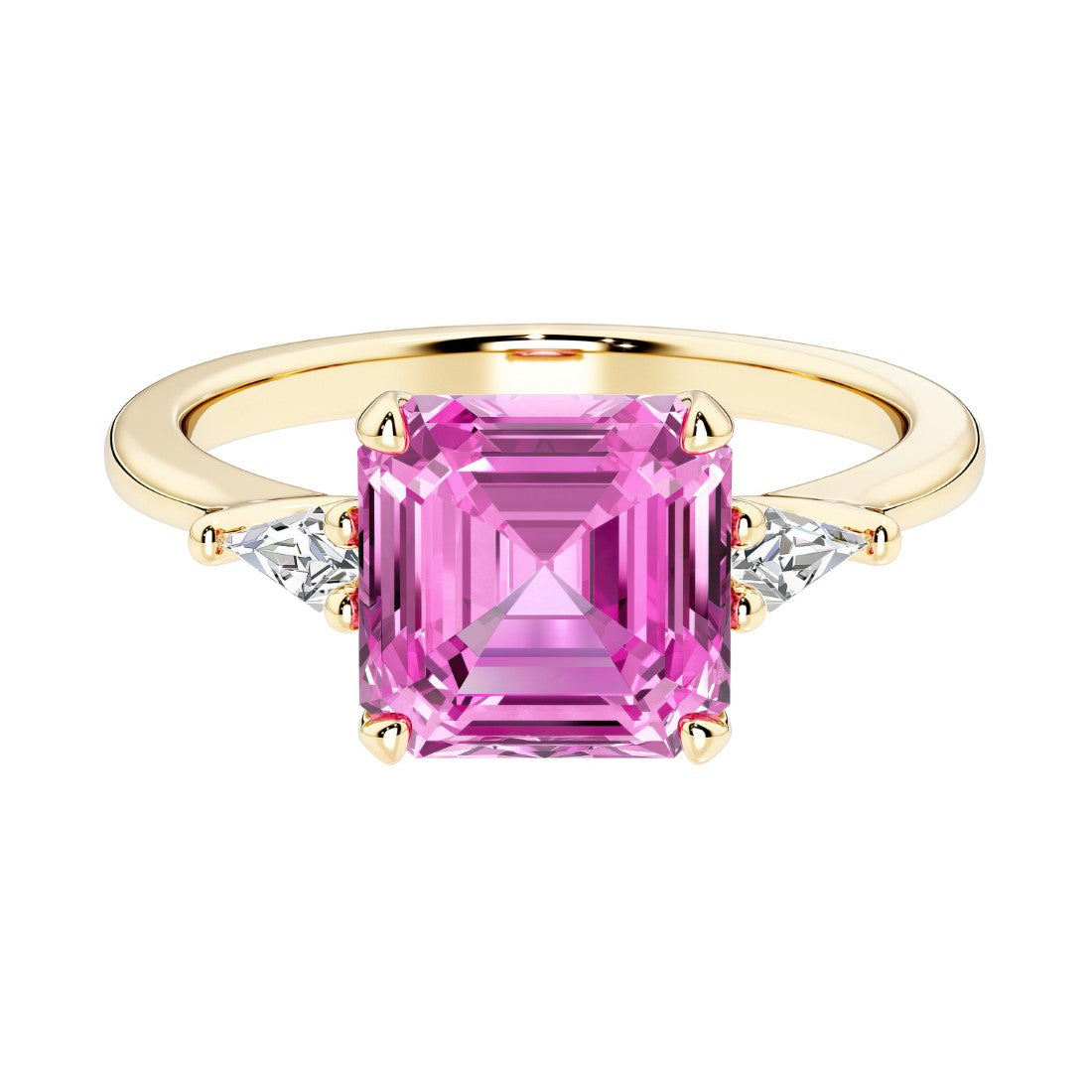 Asscher cut three stone engagement ring with geometric elegance.