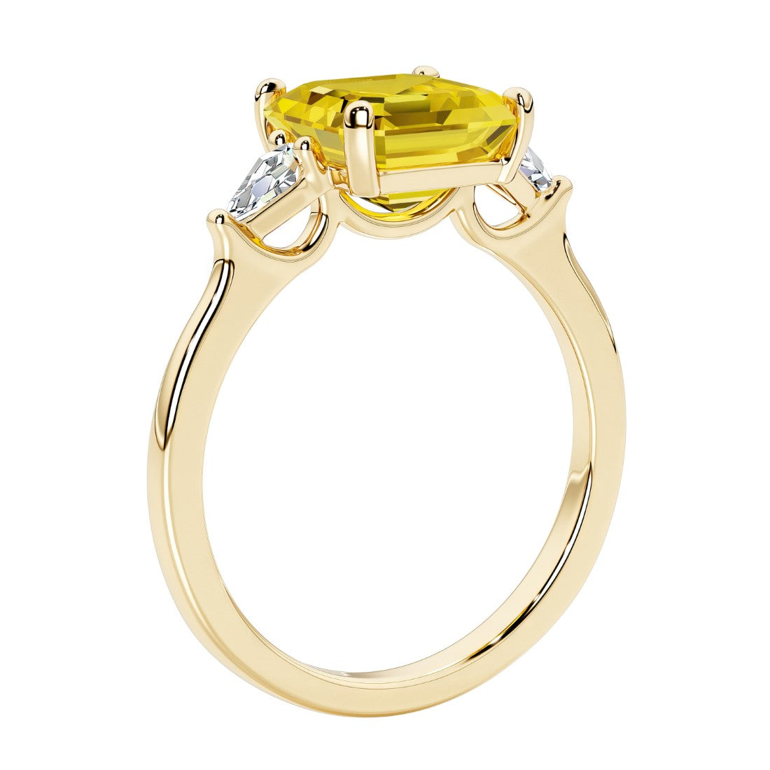 3 stone Asscher cut gemstone diamond ring in a classic Art Deco style featuring a yellow sapphire center.