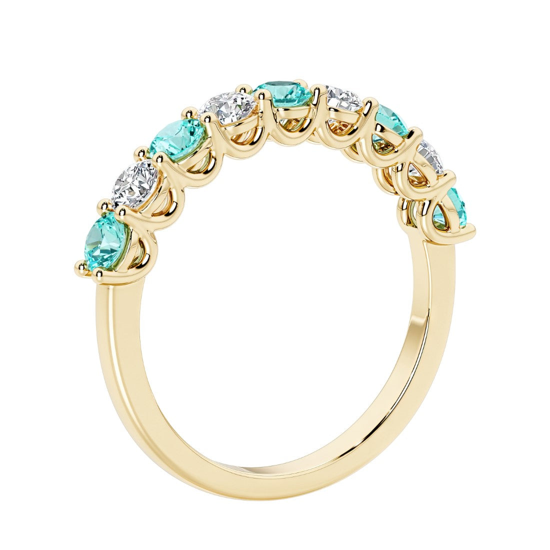 Lab grown diamond and gemstone half eternity band with 9 round stones in yellow gold.