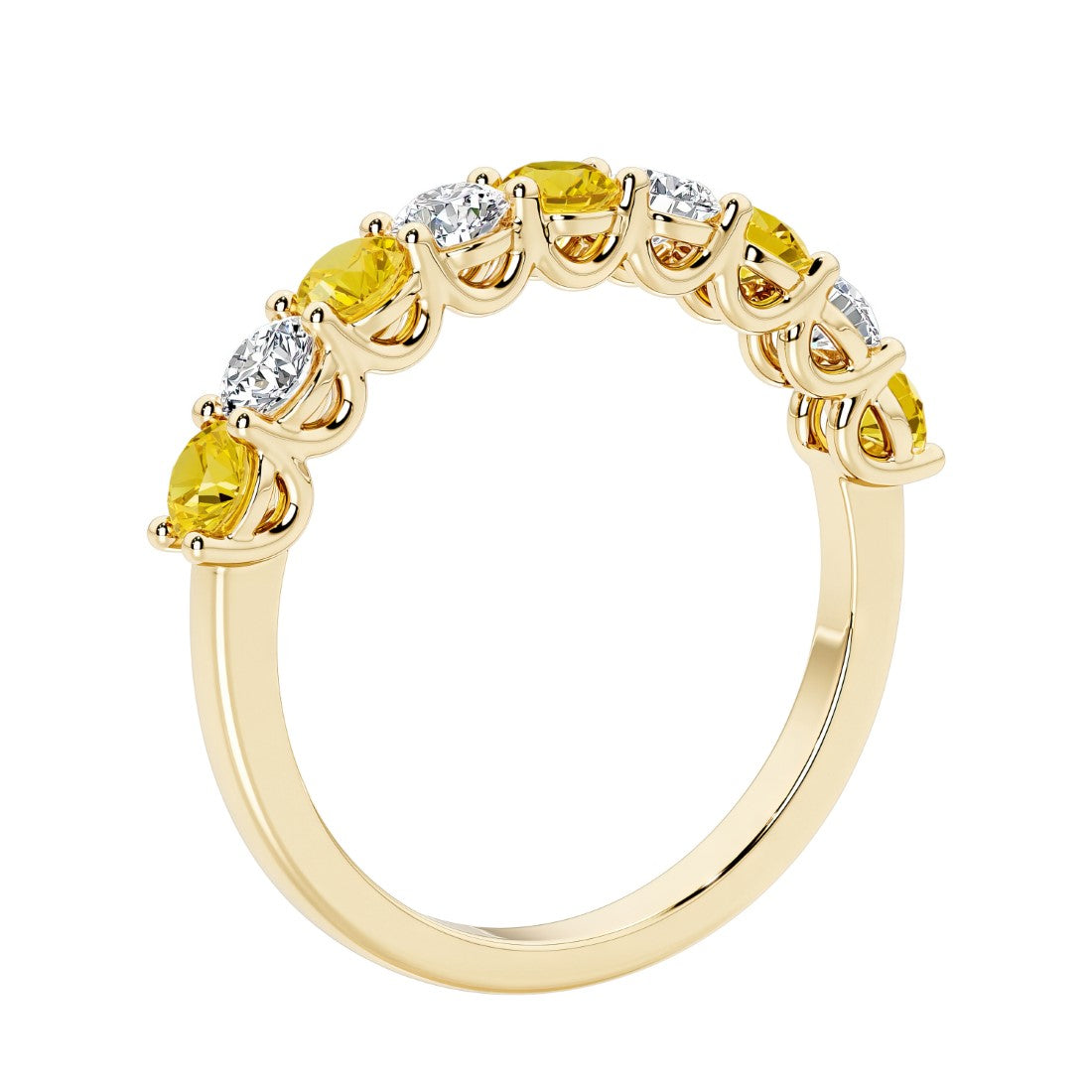 Lab grown diamond and gemstone half eternity band with 9 round stones in yellow gold.