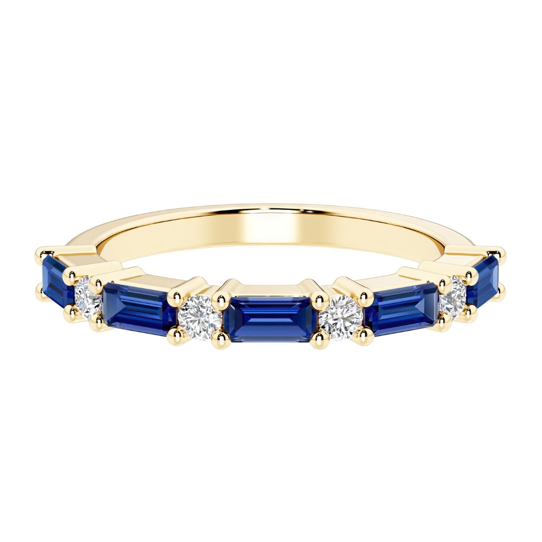 9 stone gemstone anniversary ring with alternating diamonds and gemstones in yellow gold.