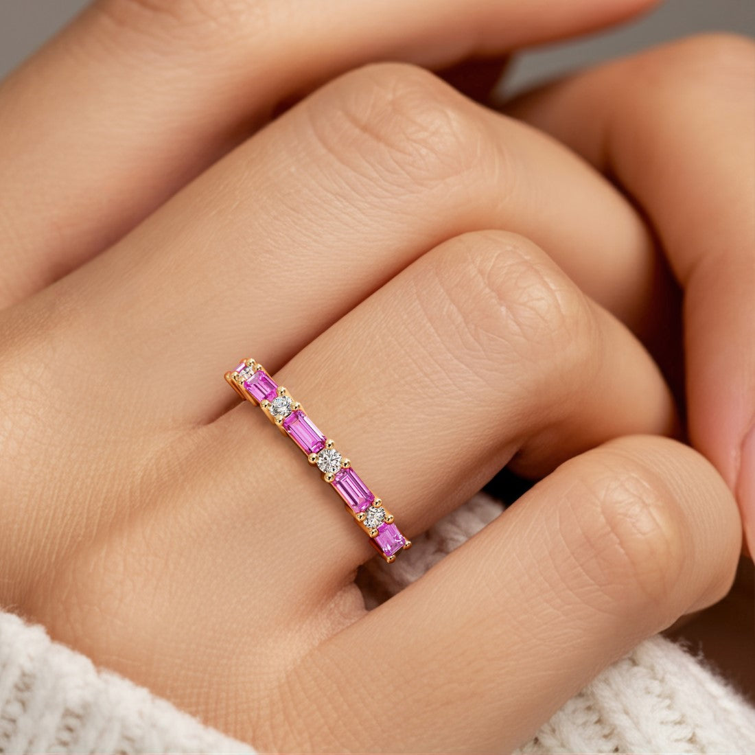Nine stone anniversary diamond ring for women with vibrant gemstones and white diamonds.