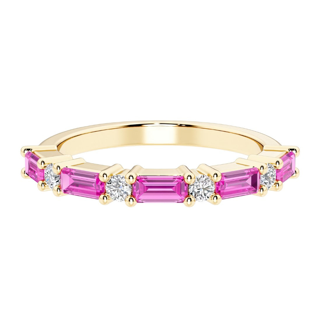 9 stone gemstone anniversary ring with alternating diamonds and gemstones in yellow gold.