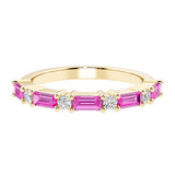 9 stone gemstone anniversary ring with alternating diamonds and gemstones in yellow gold.