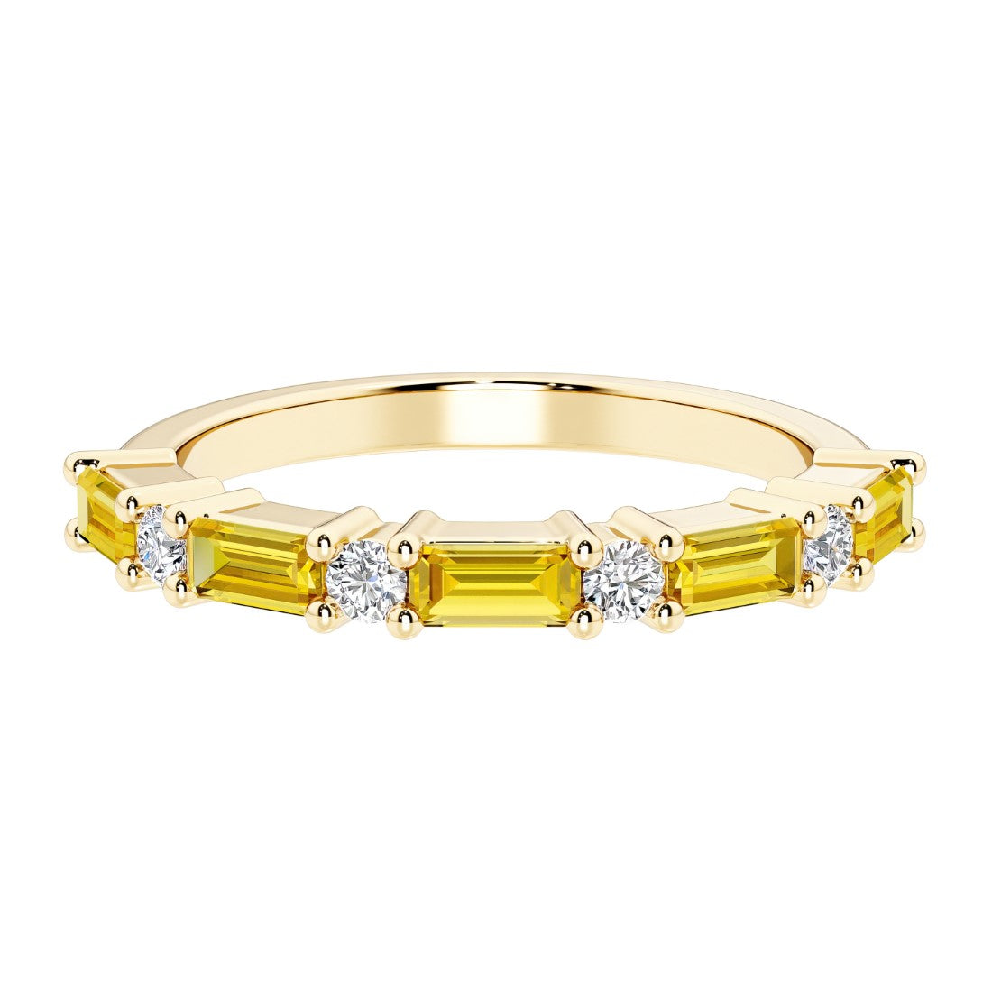 9 stone gemstone anniversary ring with alternating diamonds and gemstones in yellow gold.