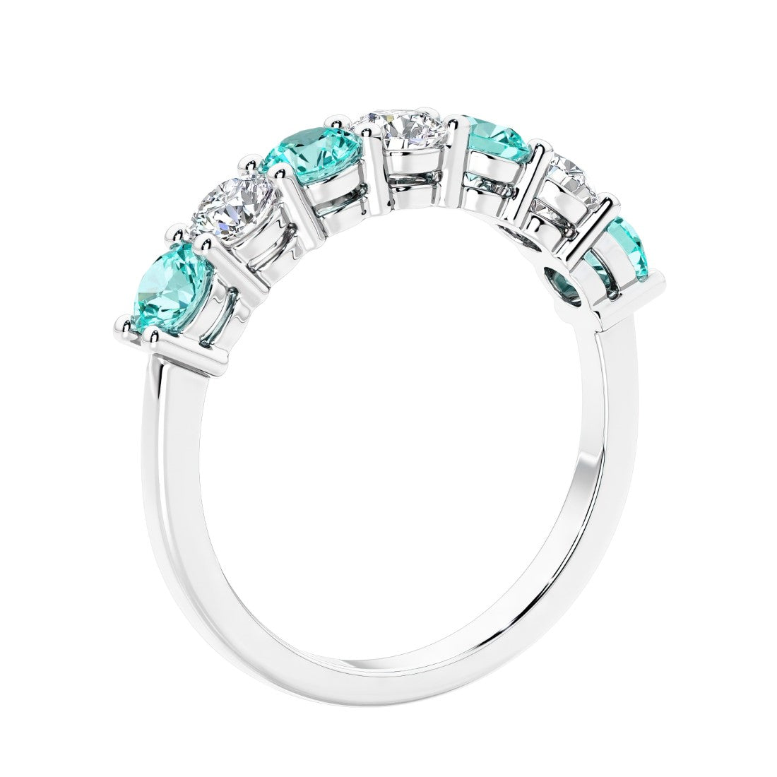 Anniversary diamond ring featuring 7 lab created diamonds and gemstones in a classic band.