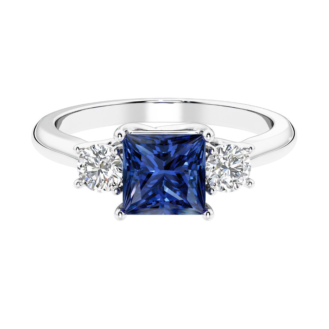 3 stone princess diamond ring in sleek white gold with blue sapphire gemstone.