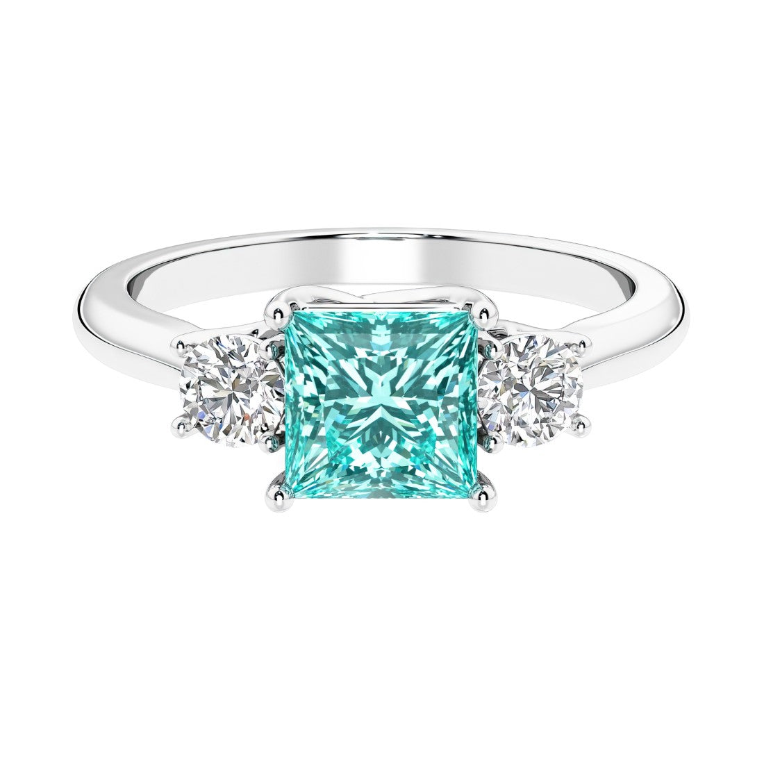 3 stone princess diamond ring in sleek white gold with paraiba tourmaline gemstone.