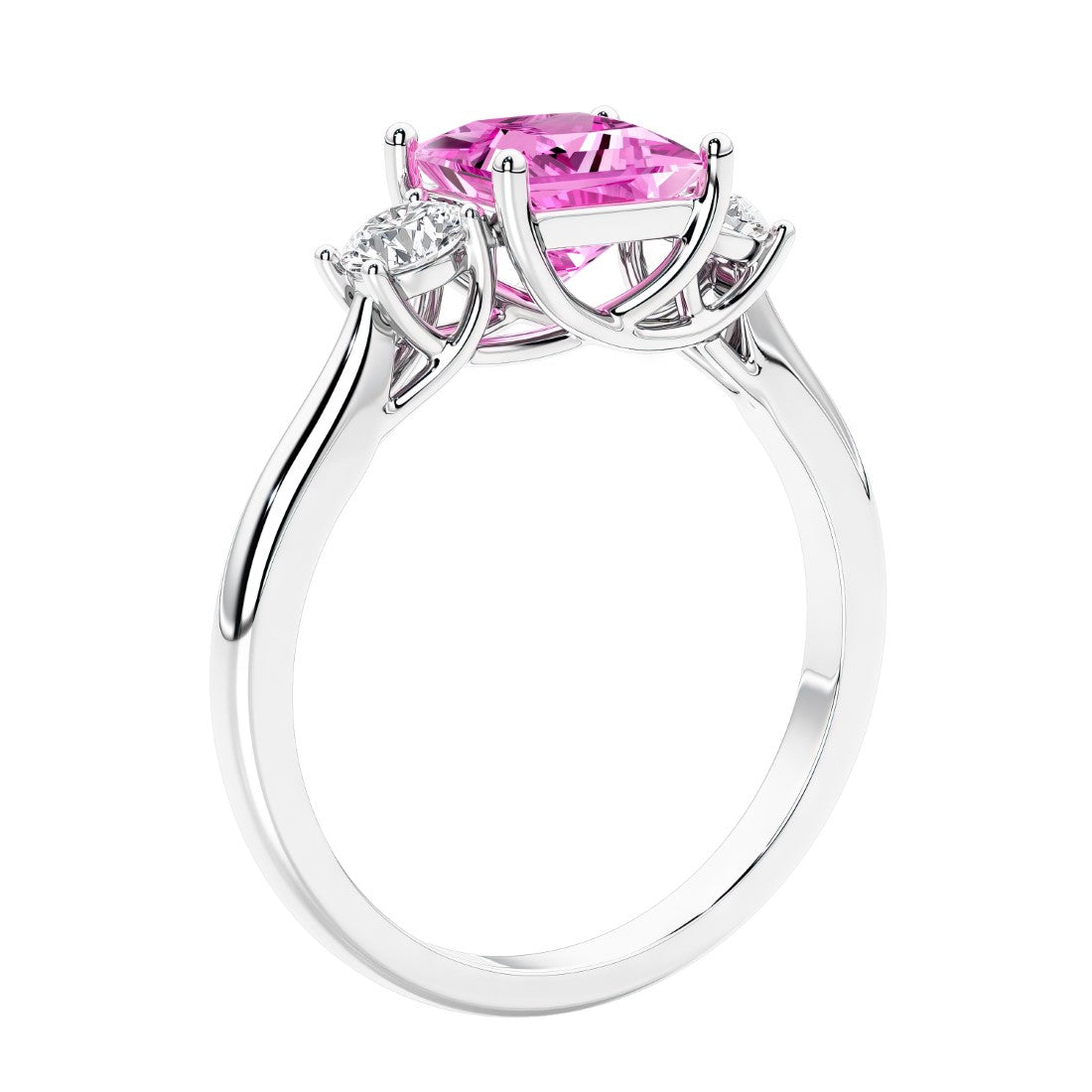3 stone princess diamond ring in sleek white gold.