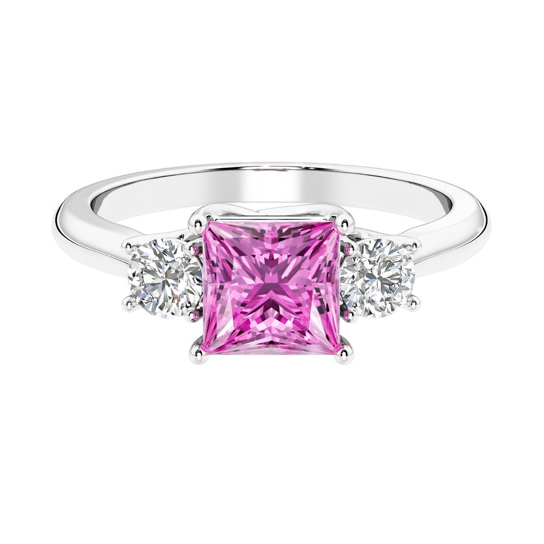 3 stone princess diamond ring in sleek white gold with pink sapphire gemstone.