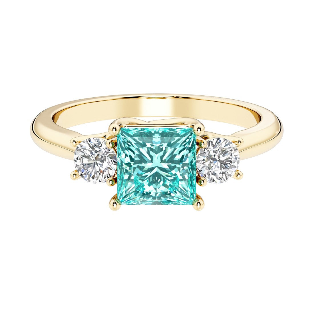 Princess cut 3 stone engagement ring with side diamonds and paraiba tourmaline gemstone center.
