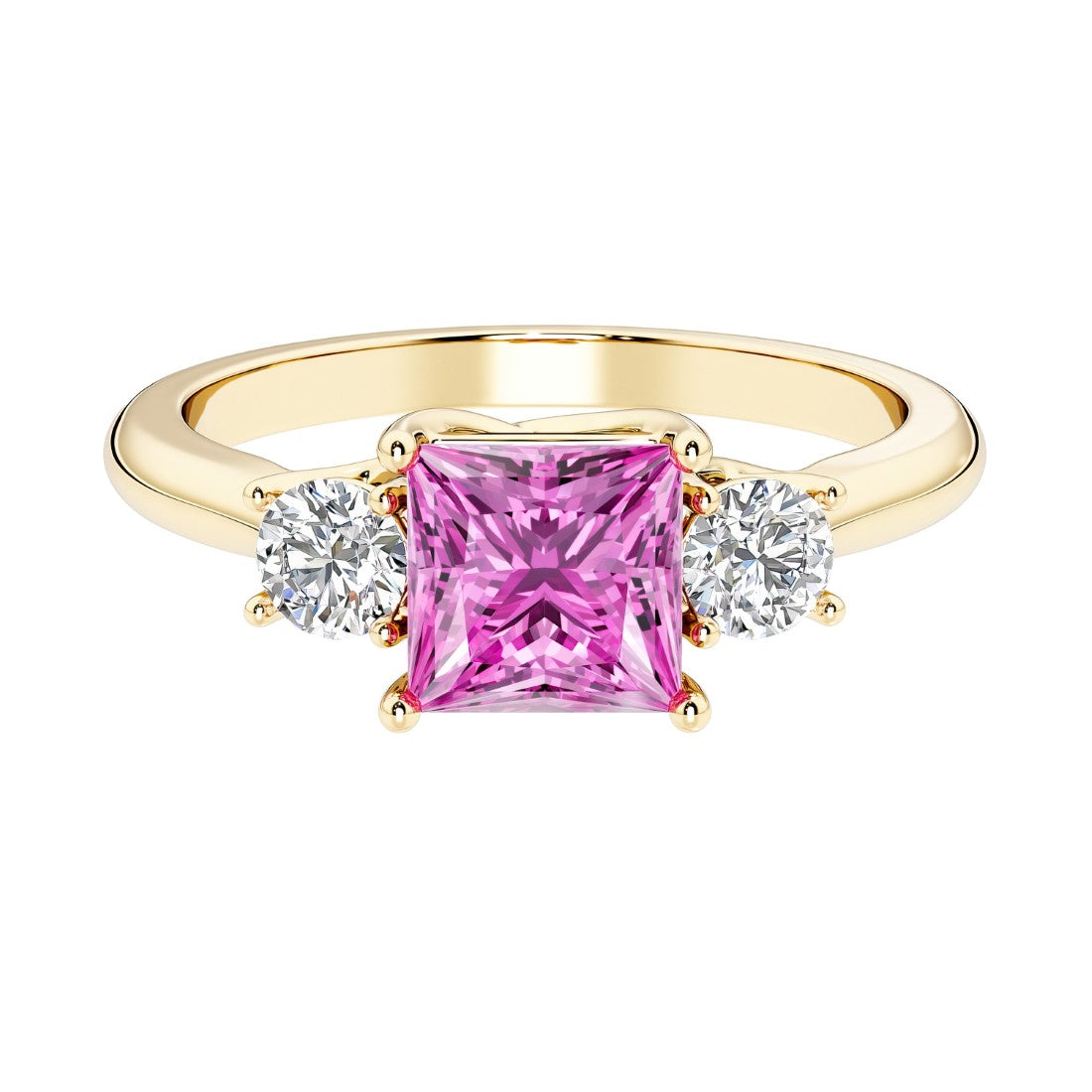 Princess cut 3 stone engagement ring with side diamonds and pink sapphire gemstone center.