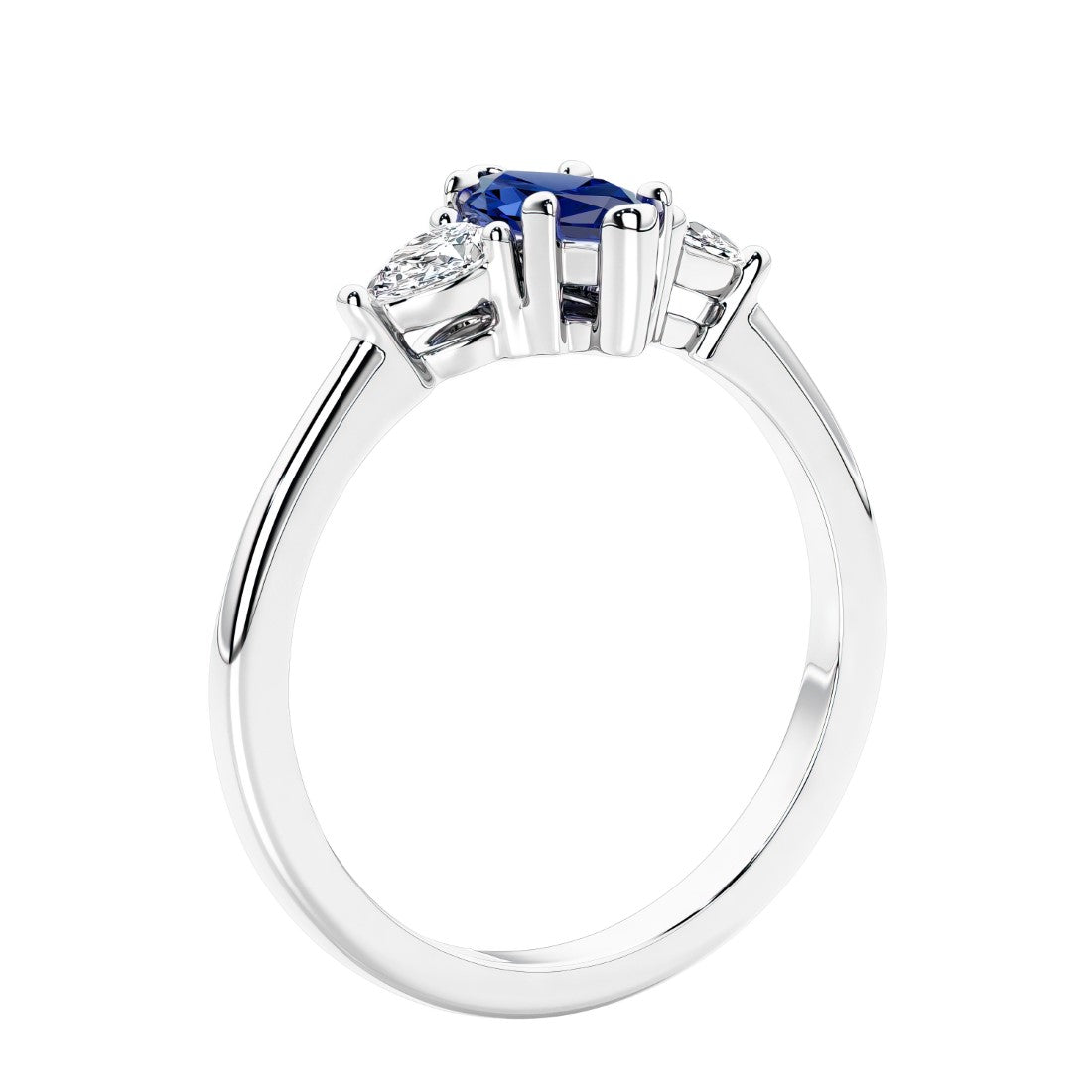 Marquise shaped engagement ring with diamonds in classic 3 stone ring setting.