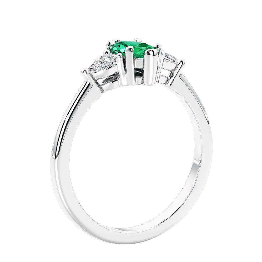 Marquise shaped engagement ring with diamonds in classic 3 stone ring setting.