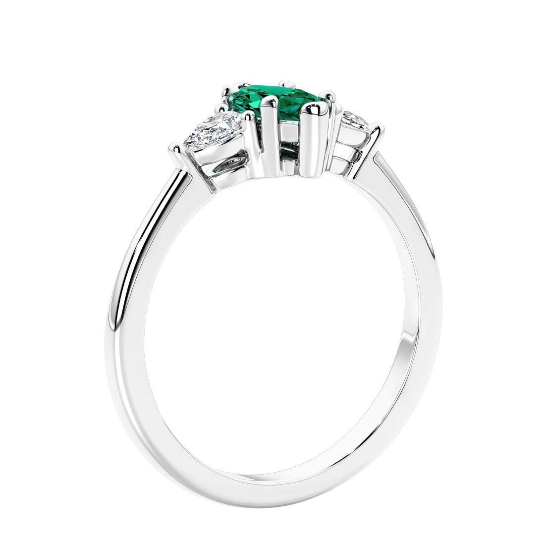 Marquise shaped engagement ring with diamonds in classic 3 stone ring setting.