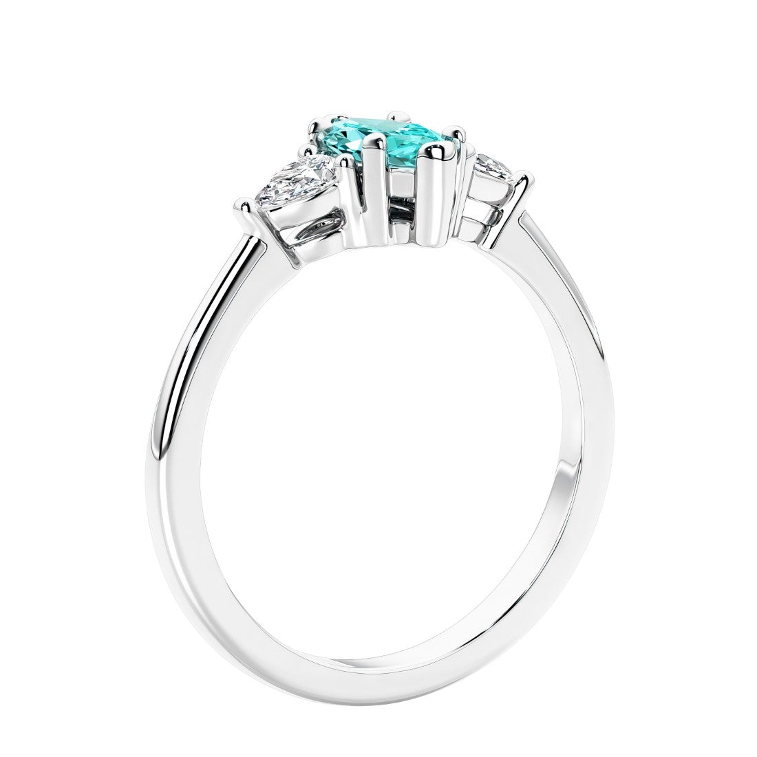 Marquise shaped engagement ring with diamonds in classic 3 stone ring setting.