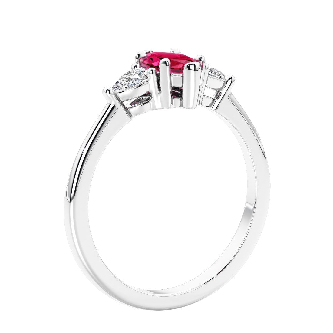 Marquise shaped engagement ring with diamonds in classic 3 stone ring setting.