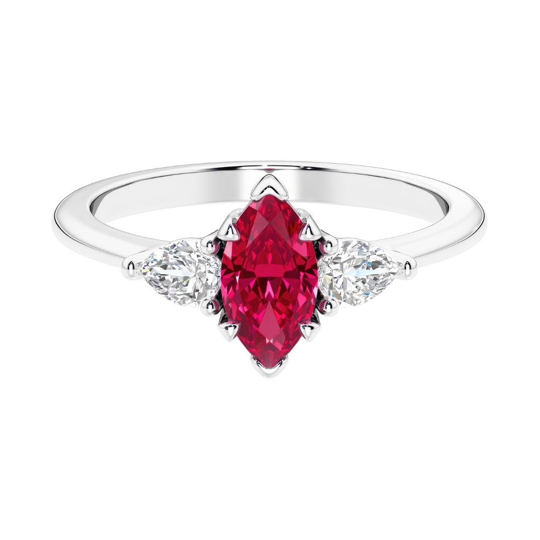 Three stone marquise diamond ring with dramatic center shape.