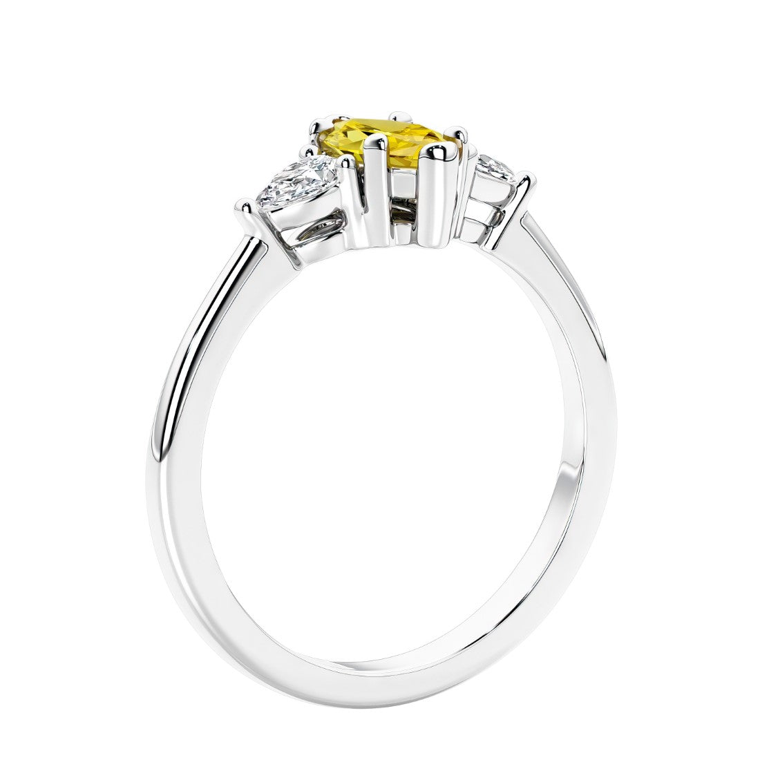 Marquise shaped engagement ring with diamonds in classic 3 stone ring setting.