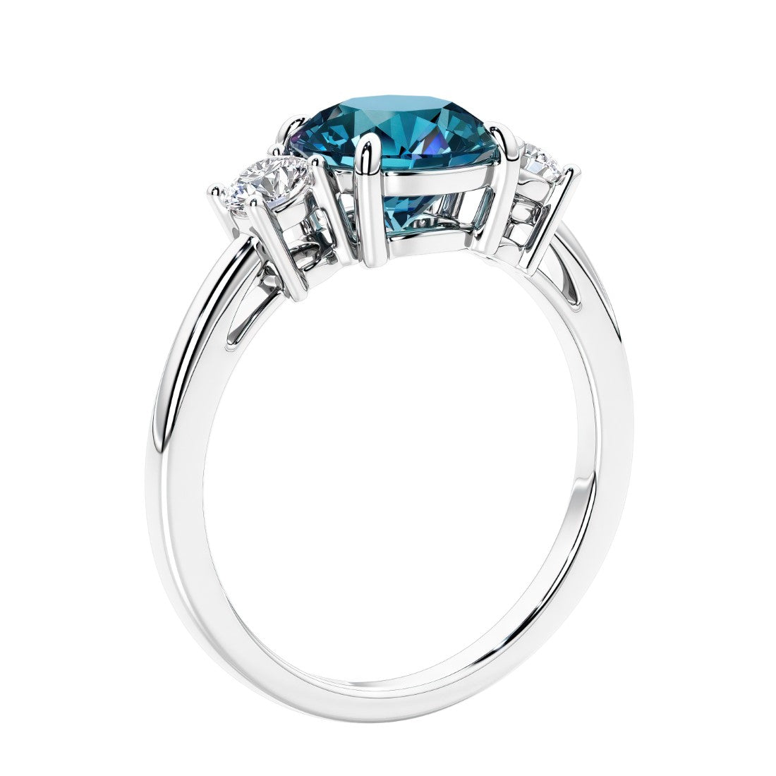 3 stone wedding ring featuring round center diamond and matching sides.