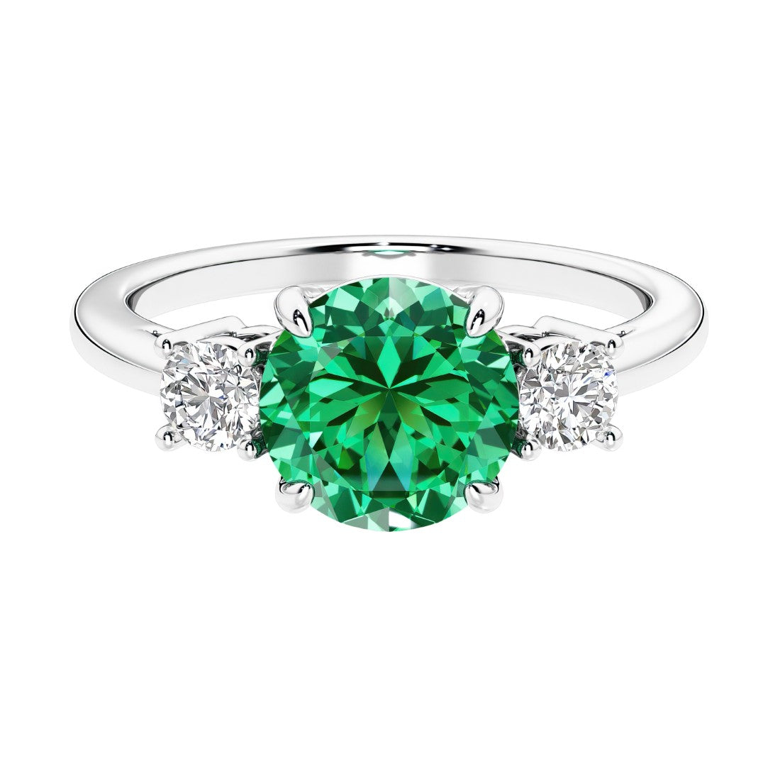 Timeless three stone round diamond engagement ring.