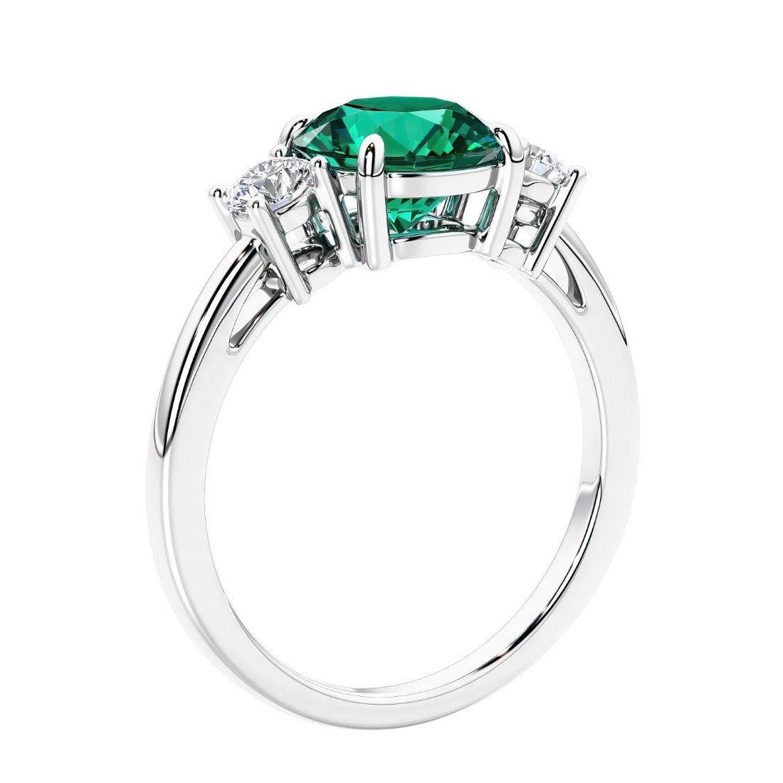 3 stone wedding ring featuring round center diamond and matching sides.