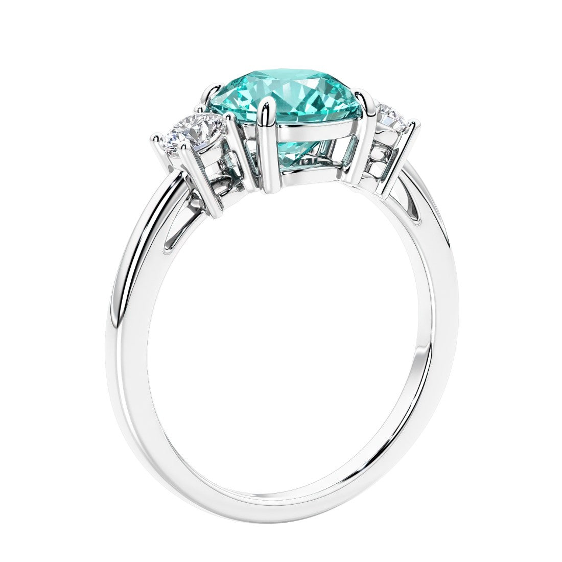 3 stone wedding ring featuring round center diamond and matching sides.