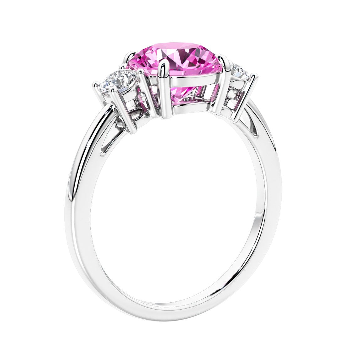 3 stone wedding ring featuring round center diamond and matching sides.