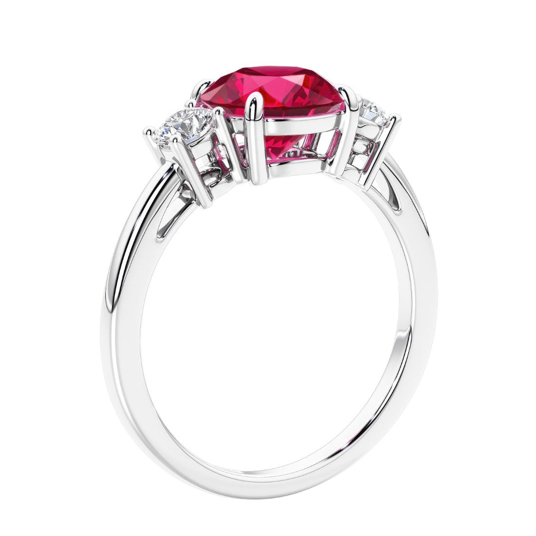 3 stone wedding ring featuring round center diamond and matching sides.
