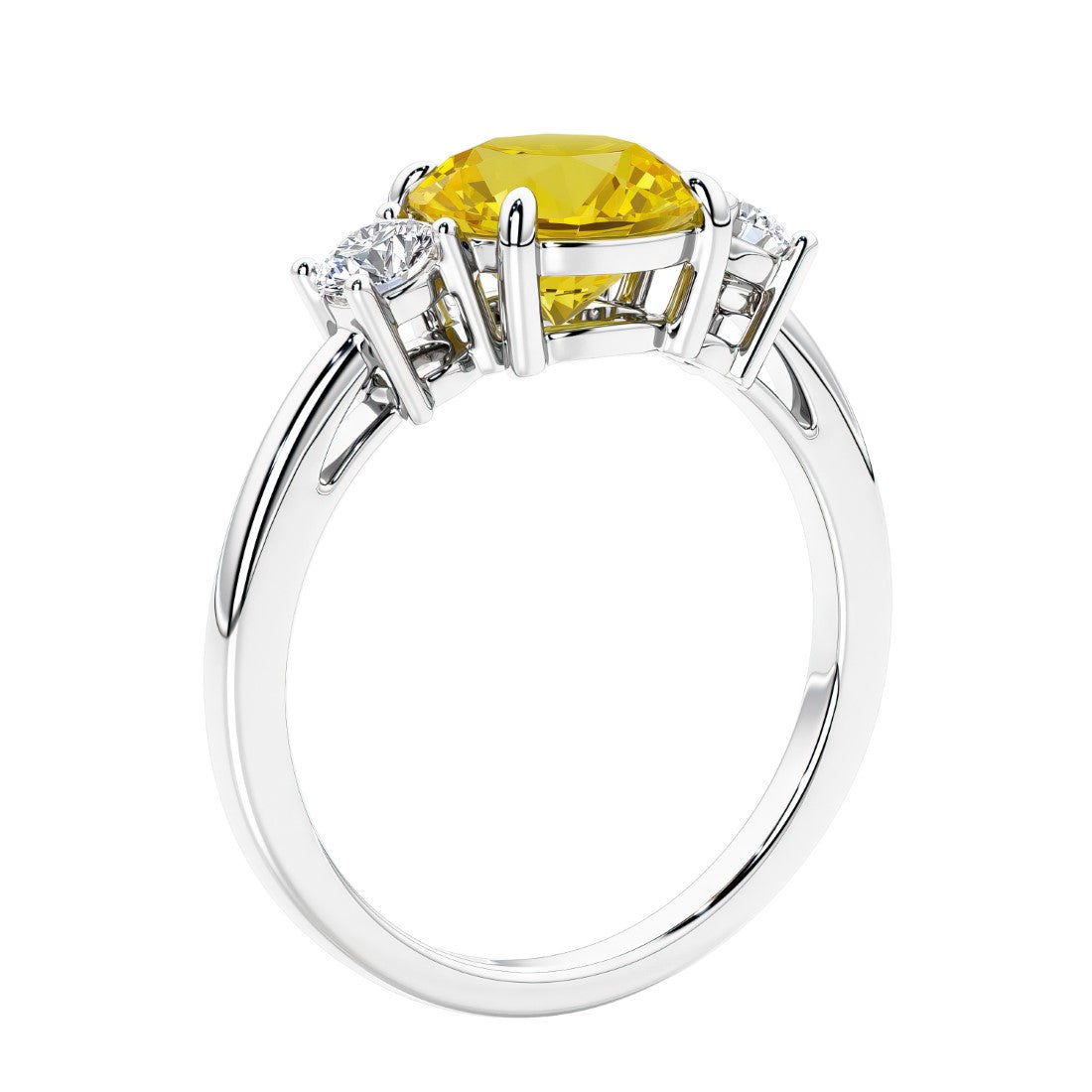 3 stone wedding ring featuring round center diamond and matching sides.