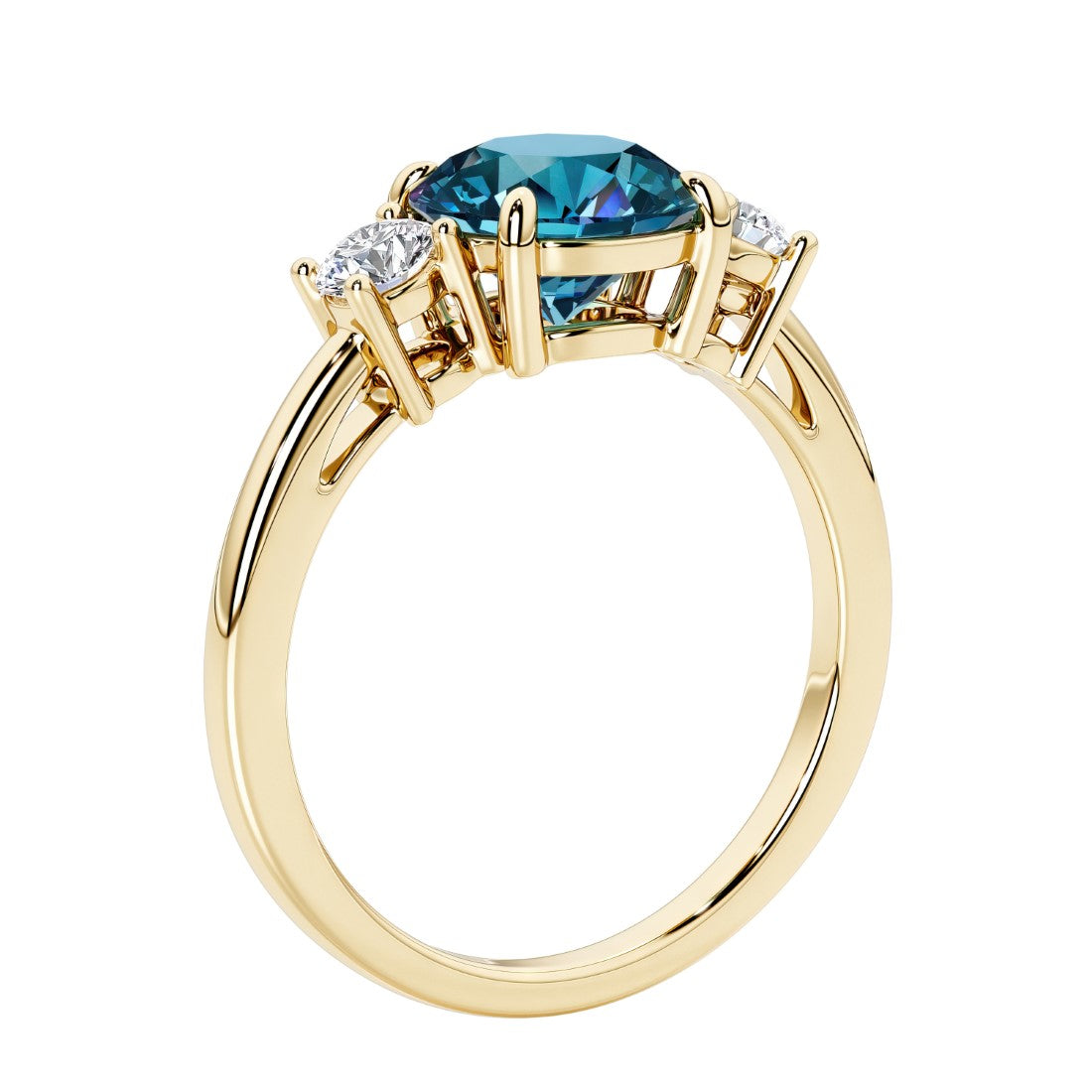 3 stone round diamond ring in classic yellow gold setting.