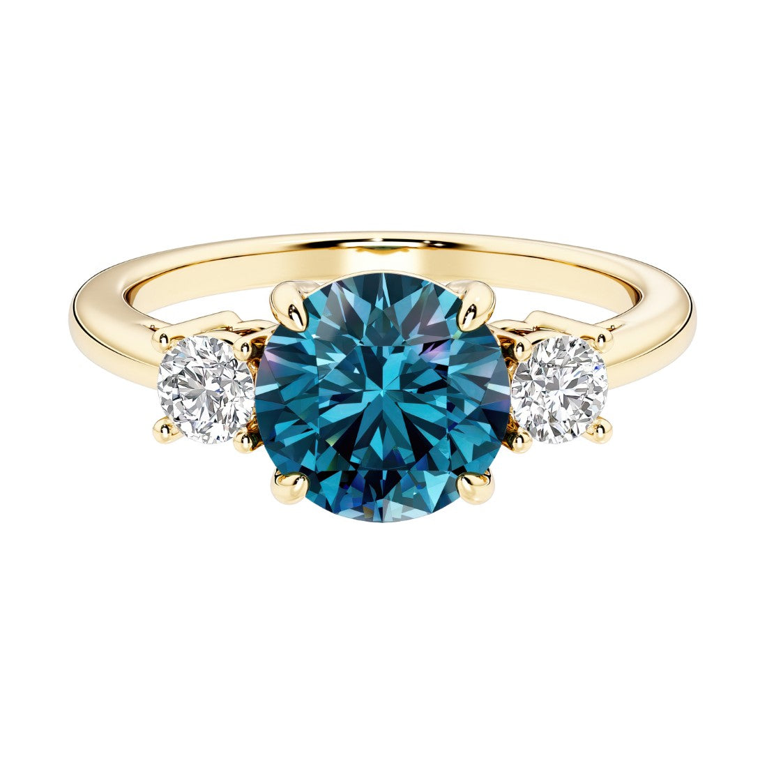 Three stone round engagement ring with brilliant cut diamonds.