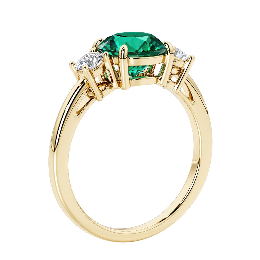 3 stone round diamond ring in classic yellow gold setting.