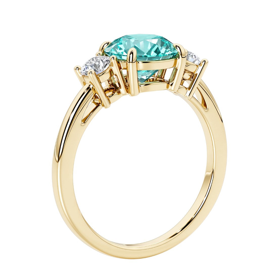3 stone round diamond ring in classic yellow gold setting.