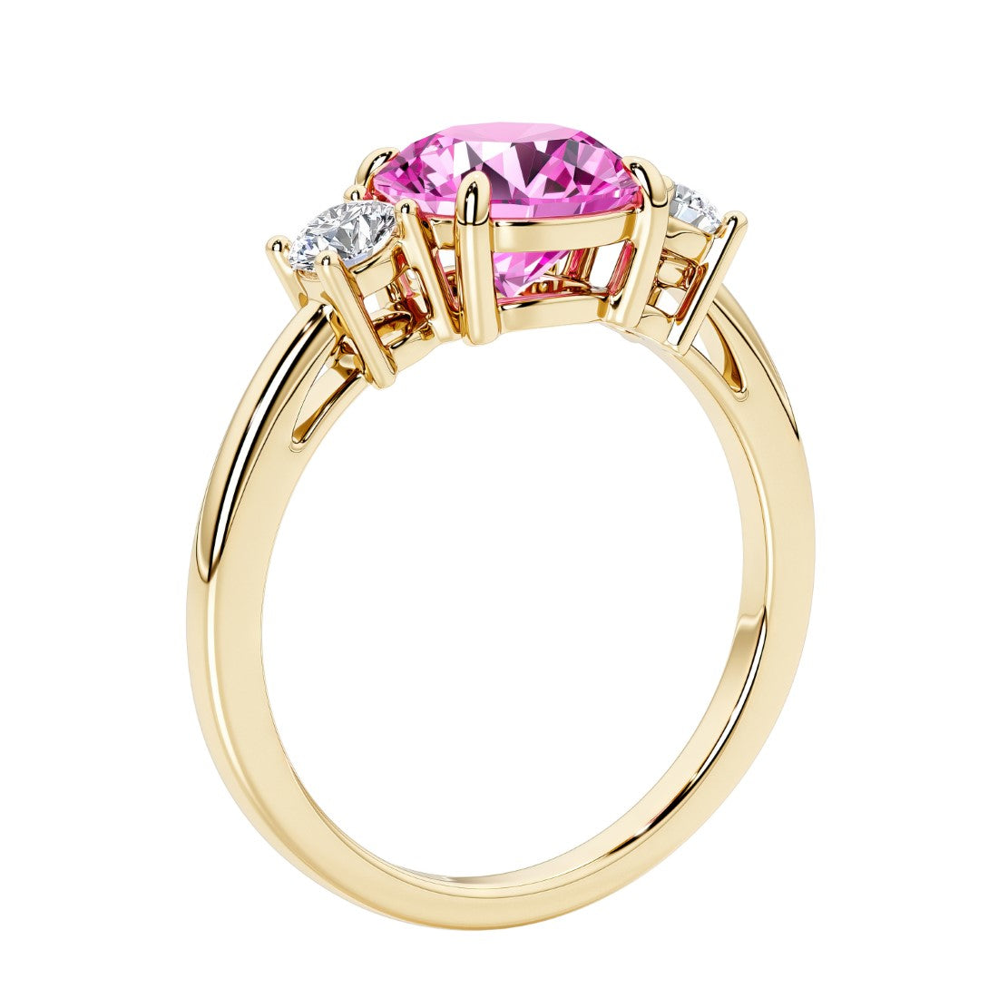 3 stone round diamond ring in classic yellow gold setting.