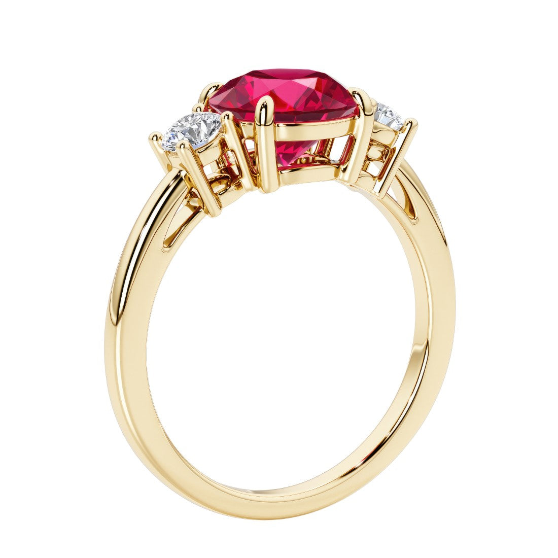 3 stone round diamond ring in classic yellow gold setting.
