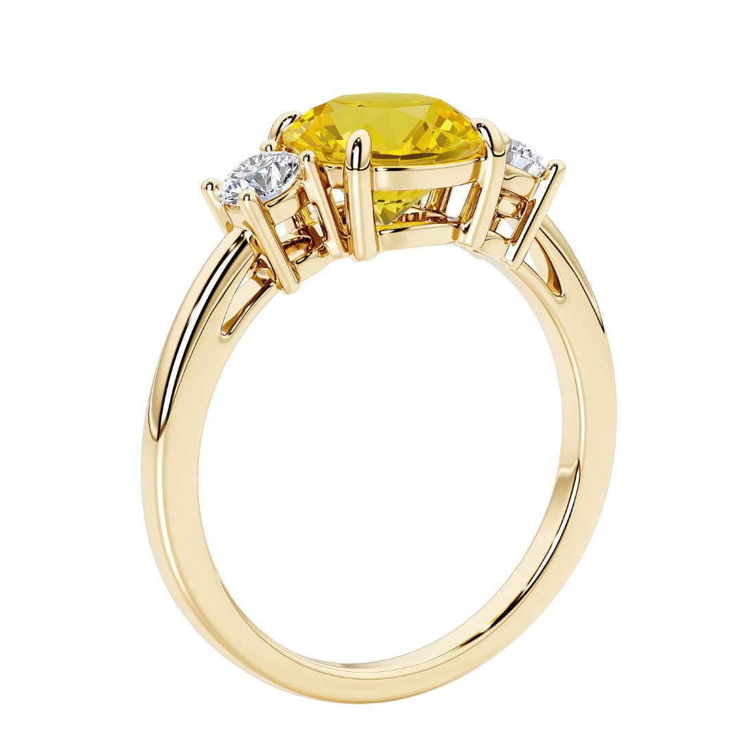 3 stone round diamond ring in classic yellow gold setting.