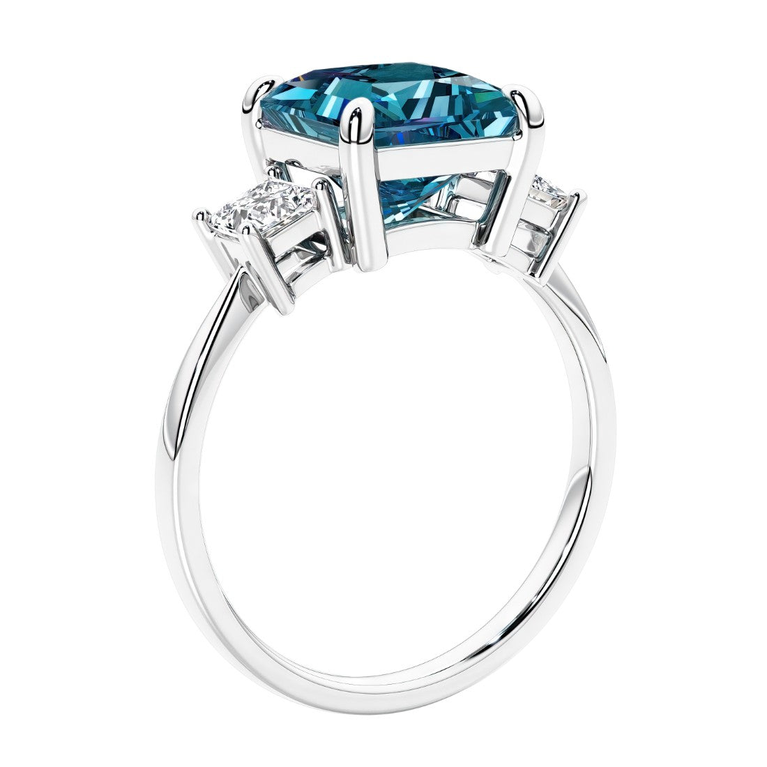 Engagement ring with princess cut diamonds in a 3 stone design featuring alexandrite gemstone center.