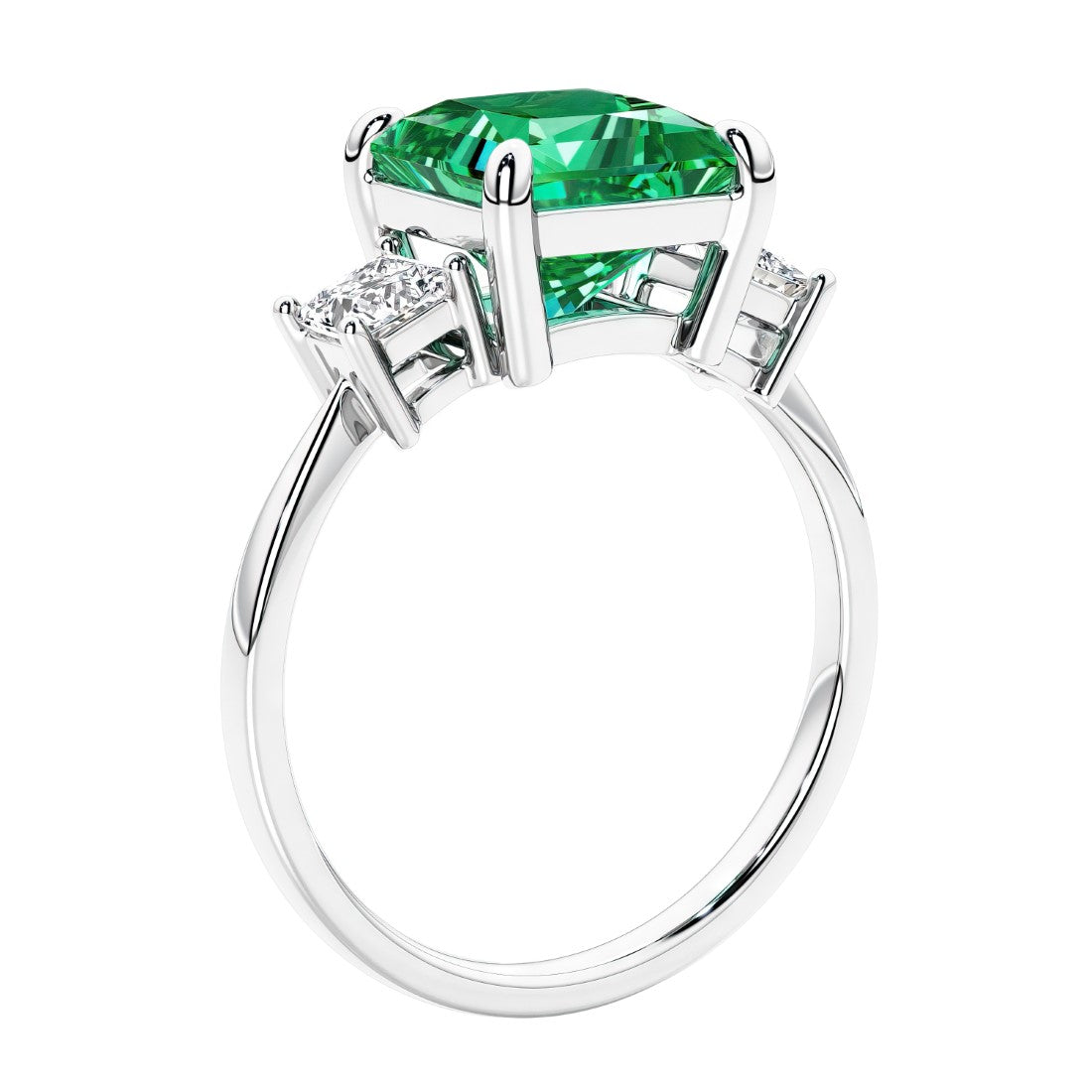 Engagement ring with princess cut diamonds in a 3 stone design featuring colombian emerald gemstone center.