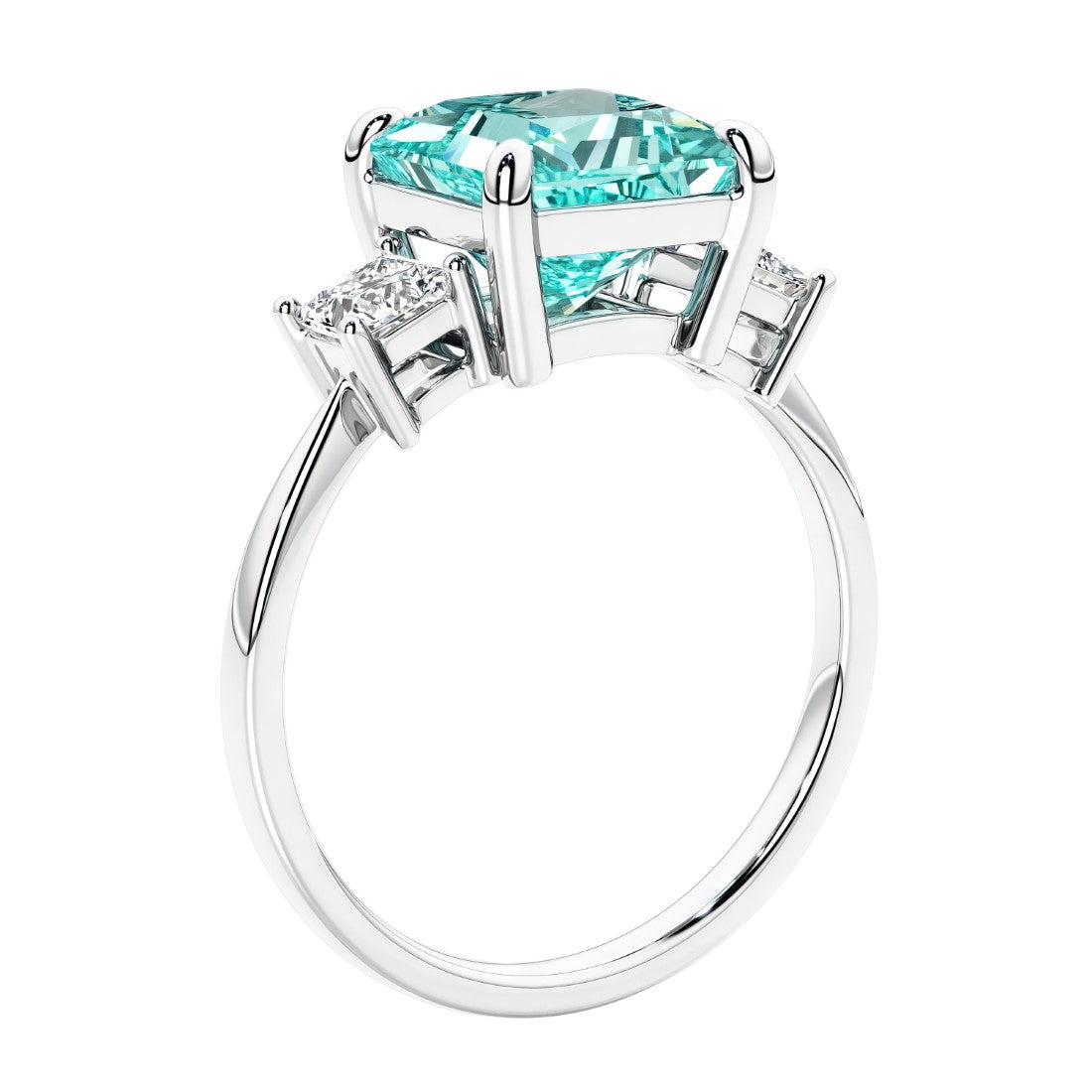 Engagement ring with princess cut diamonds in a 3 stone design featuring paraiba tourmaline gemstone center.