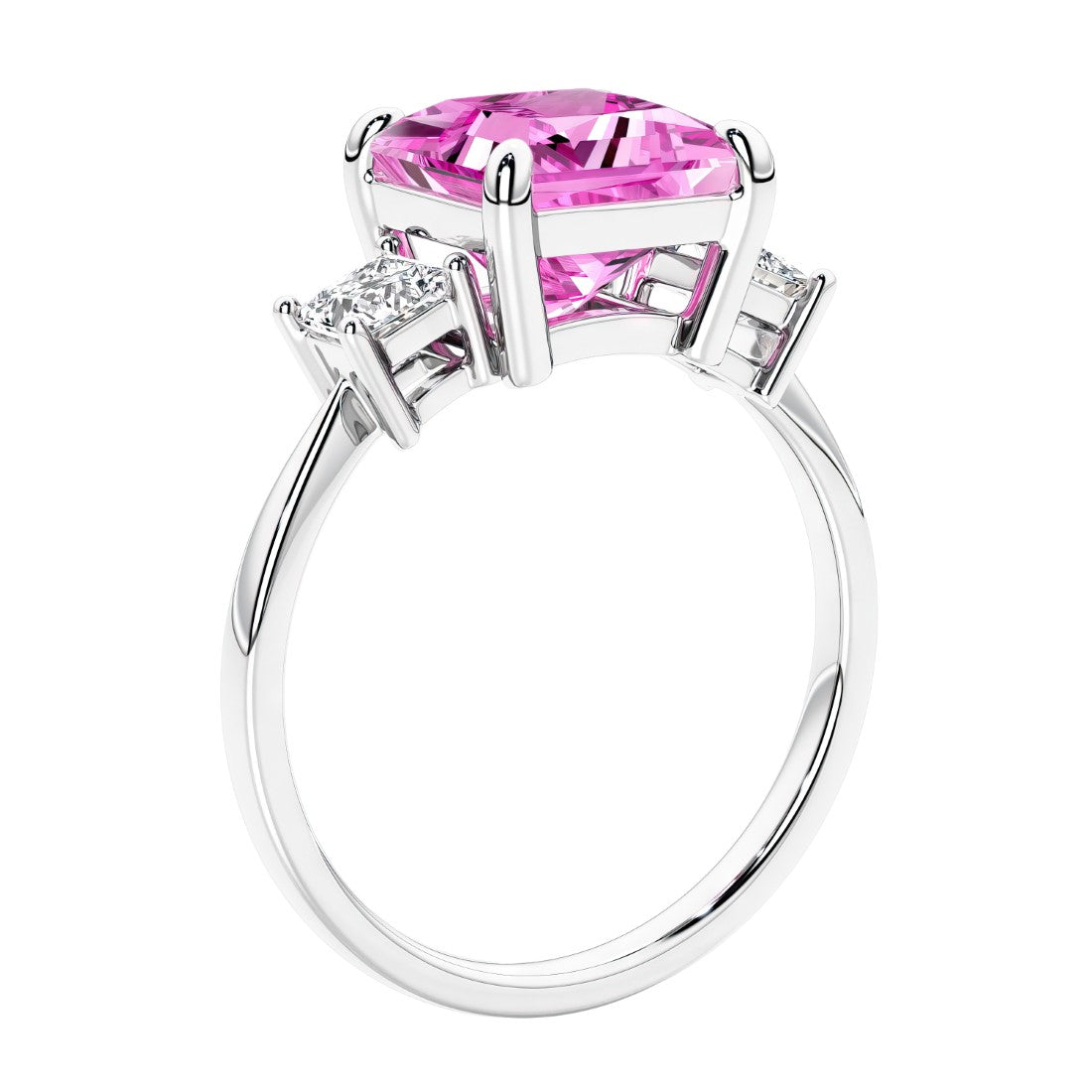 Engagement ring with princess cut diamonds in a 3 stone design featuring pink sapphire gemstone center.