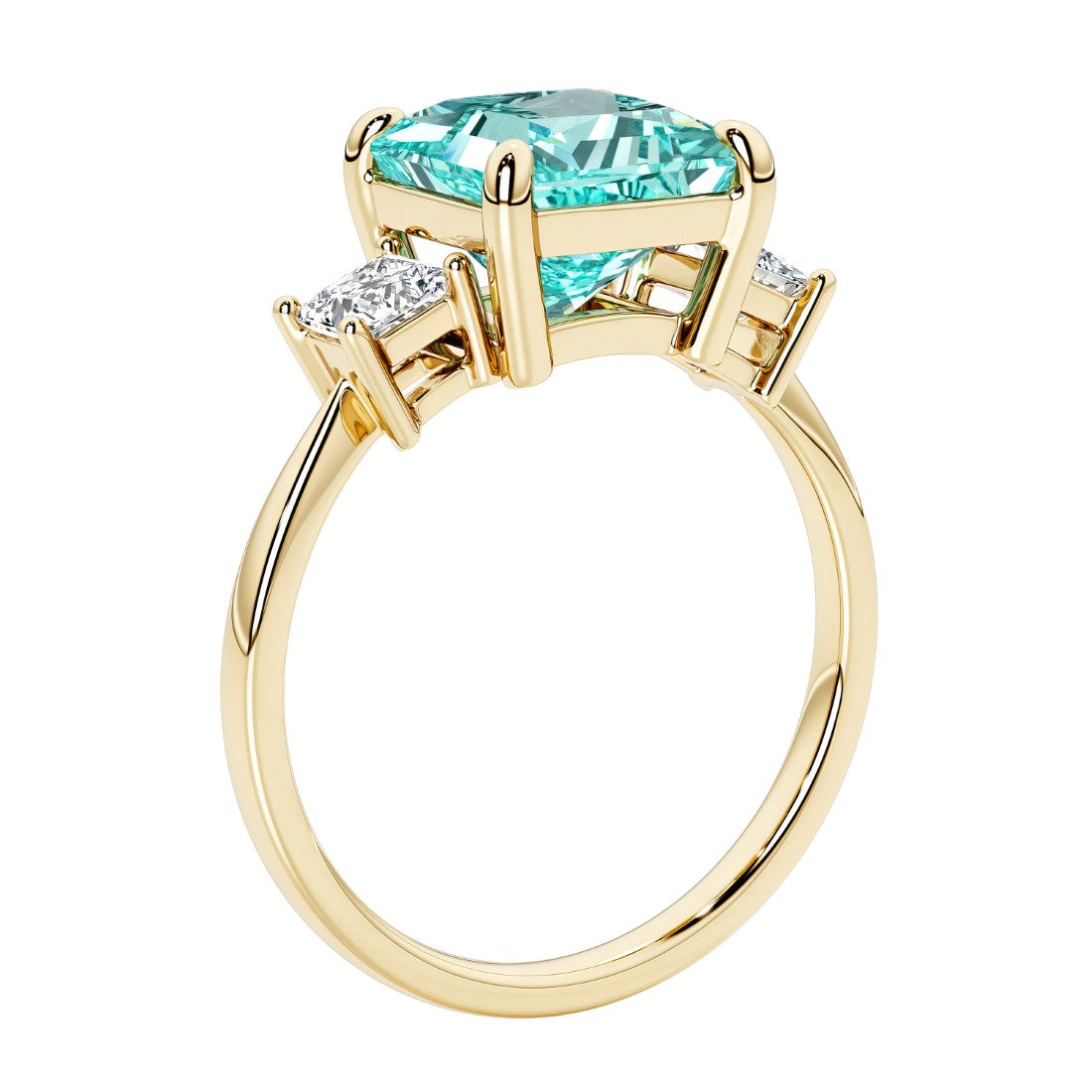 Elegant three stone princess cut engagement ring with paraiba tourmaline and diamonds.