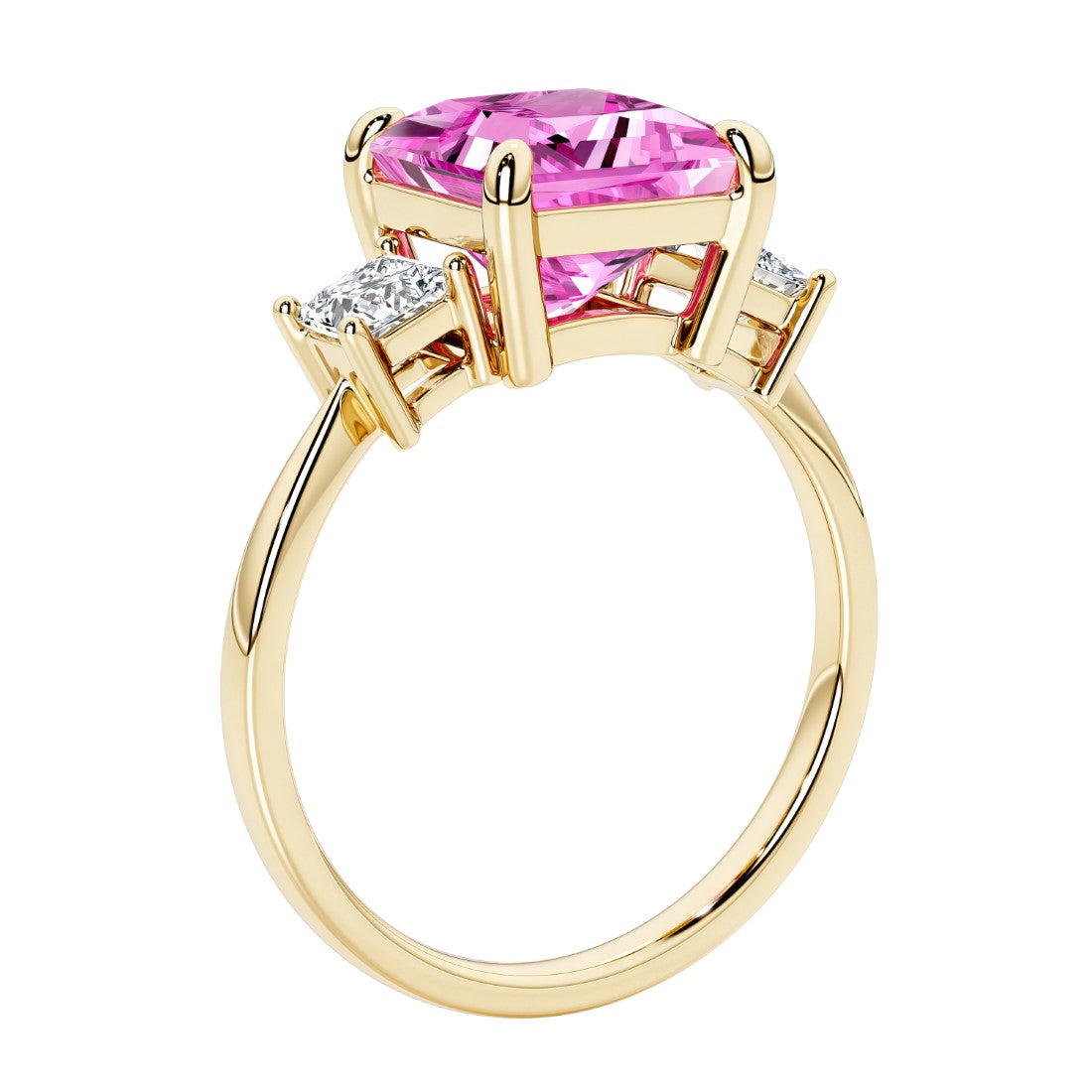 Elegant three stone princess cut engagement ring with pink sapphire and diamonds.