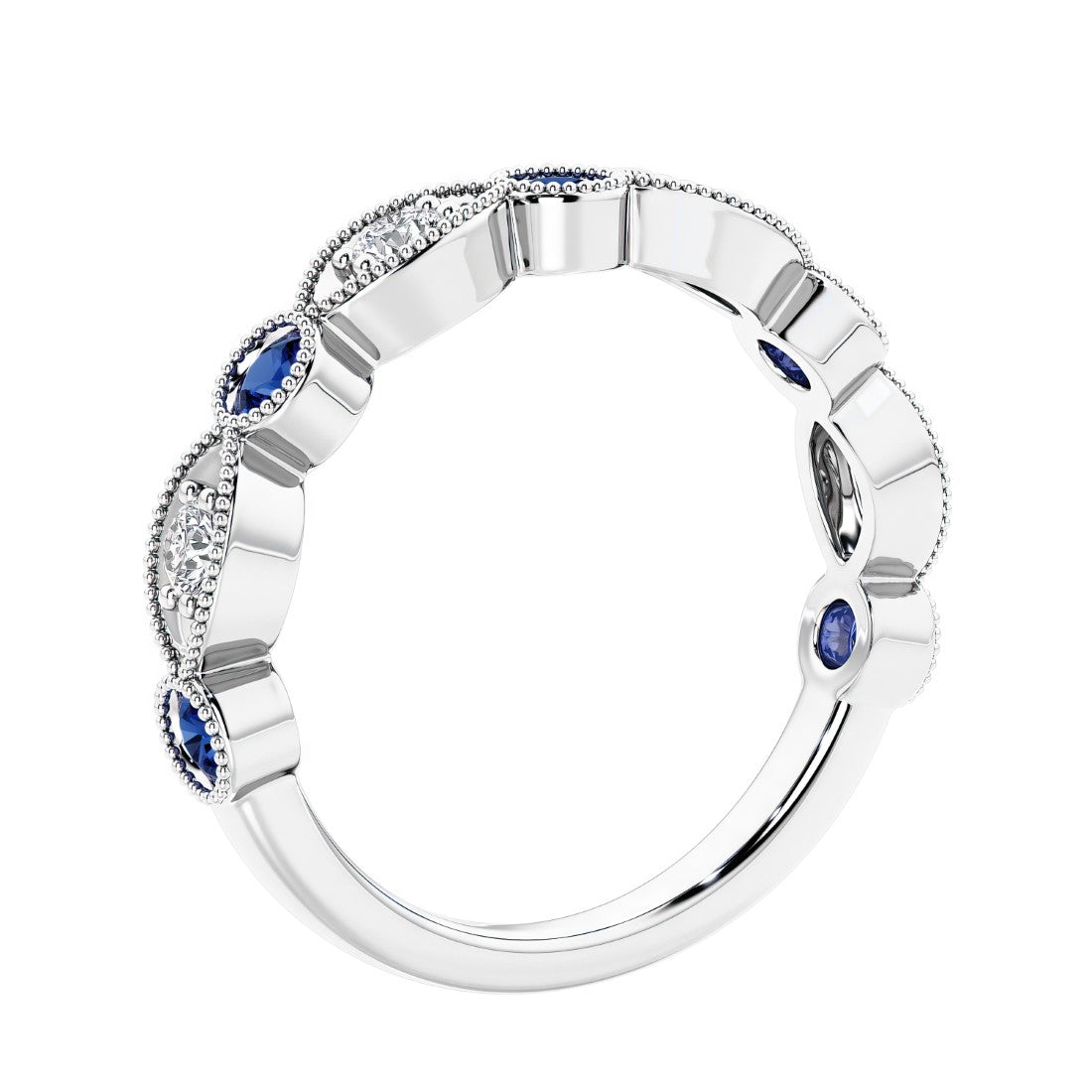 Half eternity gemstone and diamond ring with 9 marquise stones—perfect for a wedding anniversary.