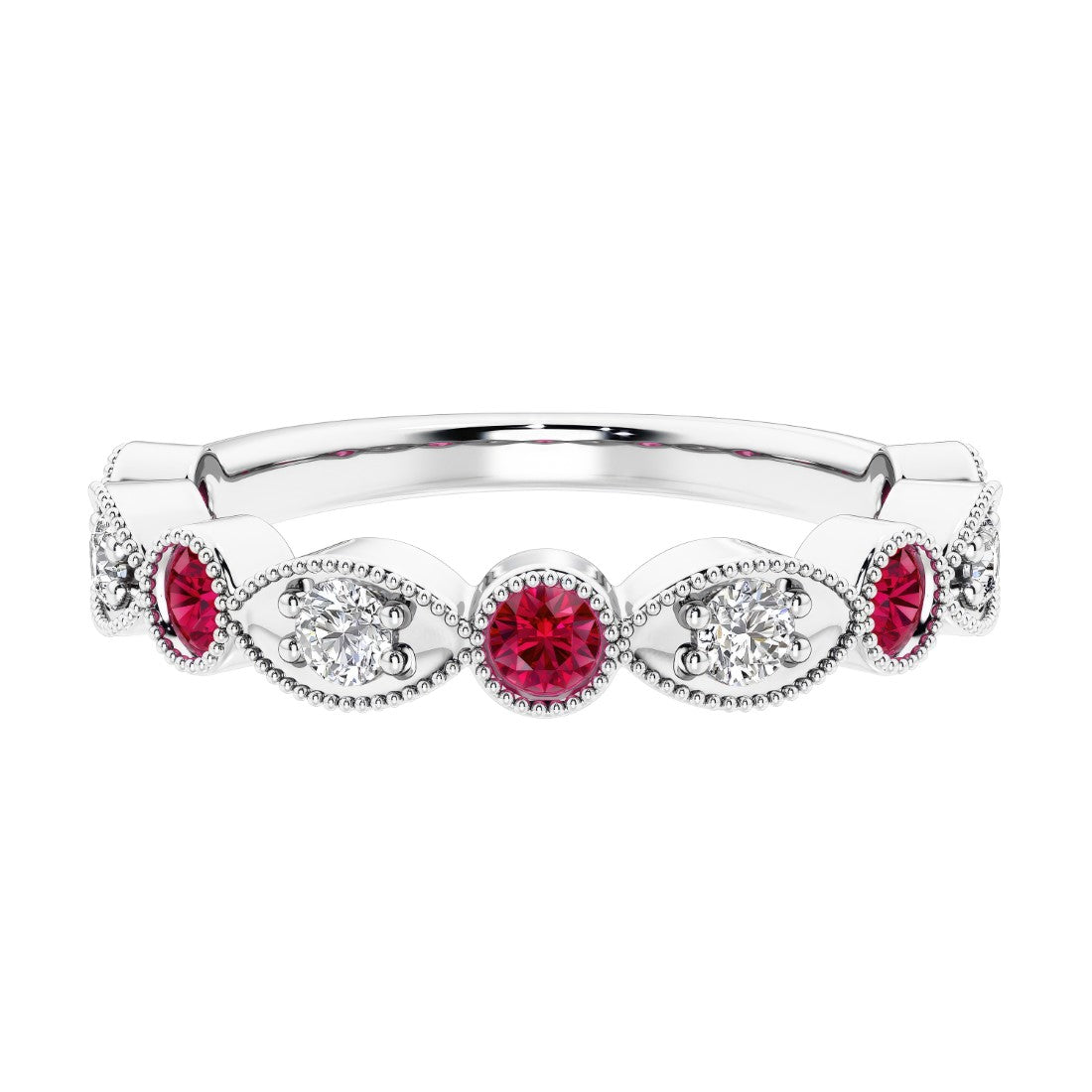 Elegant vintage-inspired anniversary ring featuring marquise ruby and diamonds in a 9 stone setting.